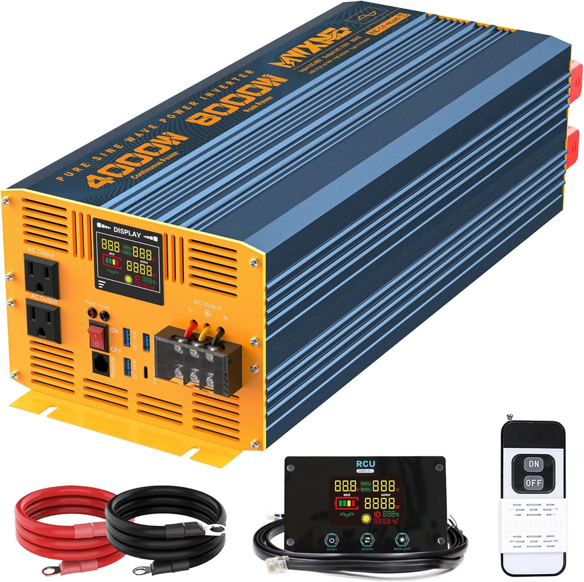 4000W Pure Sine Wave Power Inverter DC 48V to AC 110V 120V for Home RV with Dual AC Outlets 1 USB-C(60W) 3 USB-QC3.0 Fast Car Charger Adapter, LCD Display and Remote Control