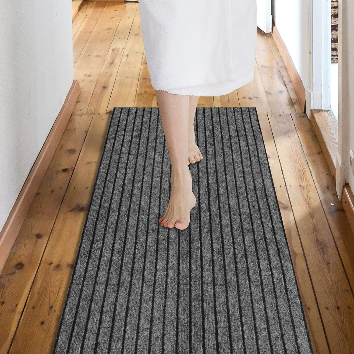 Custom Size Backed Non-Slip Area Rugs Runner, Easy Clean, Waterproof Runner Rugs for Hallway Entryway, Kitchen, Laundry, 2FT x 66FT, Gray Stripe