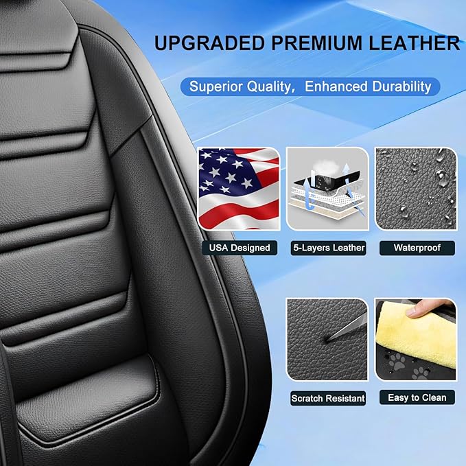 Fit Ridgeline Car Seat Covers (Front Pair) for Select Honda Ridgeline 2007-2026 - Premium Full Coverage Leather, Airbag Compatible, Waterproof & All Weather Seat Cushion Protector, Black
