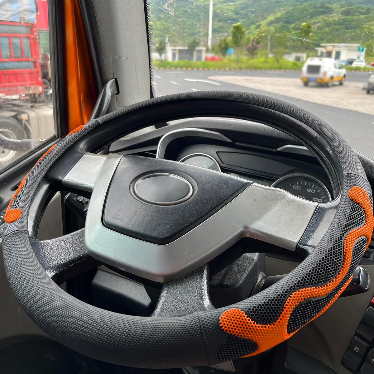 PINCTROT XL Size 17.5-18 Inch Comfy Grip Steering Wheel Cover for Semi Truck, Fits RV, Big Rig Trucker, 18 Wheeler and Classic Cars, Anti-Slip Design 17.5-18 Inch(Silicone Orange)