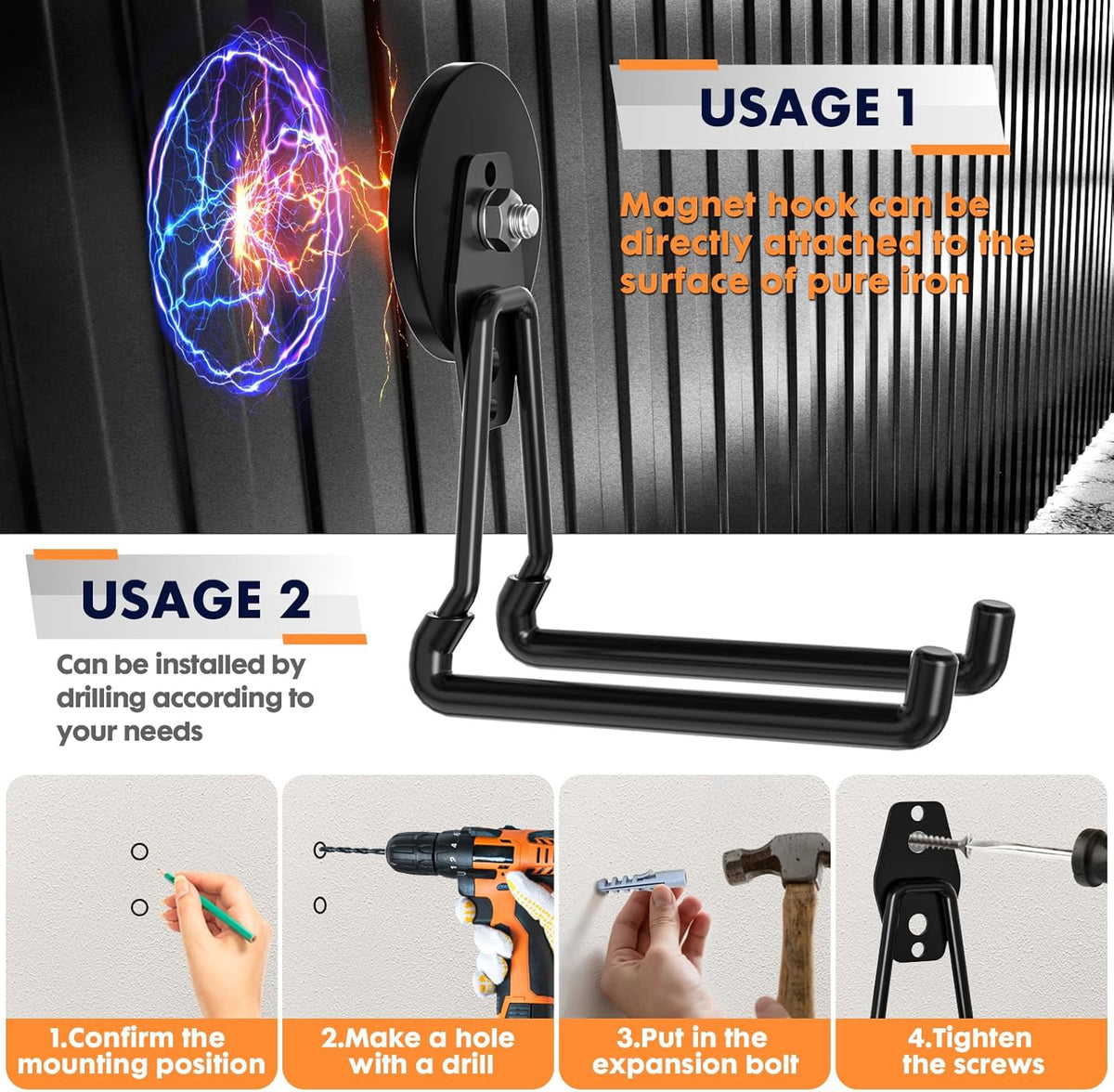 Heavy Duty Storage Magnetic Utility Hooks Large Garage Magnet Hooks with Anti-Slip Coating for Metal Cabinet,Pegboard,Garage Shelve,Garden Tools (Black3pro)