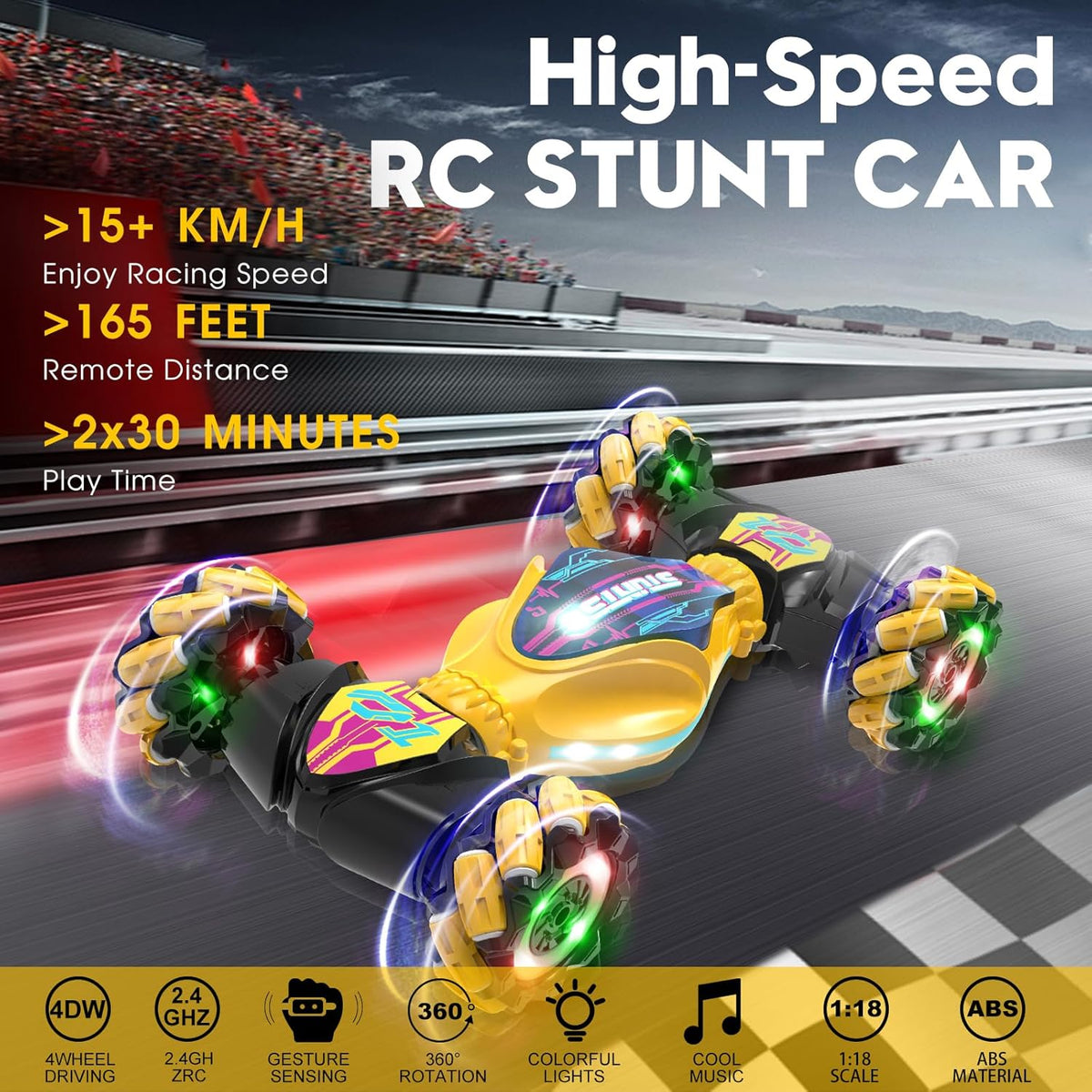 Gesture RC Car - Gesture Sensing RC Stunt Car Toys for Boys Girls Aged 6-12, 2.4GHz 4WD Hand-Controlled Remote Control Twist Car with Lights Music - Best Birthday Gifts for Kids
