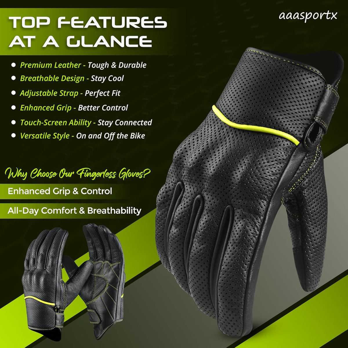 aasportx Motorcycle Gloves - Men's Leather Motorbike Gloves with Touchscreen Function - Non-Slip Pads for Men & Women