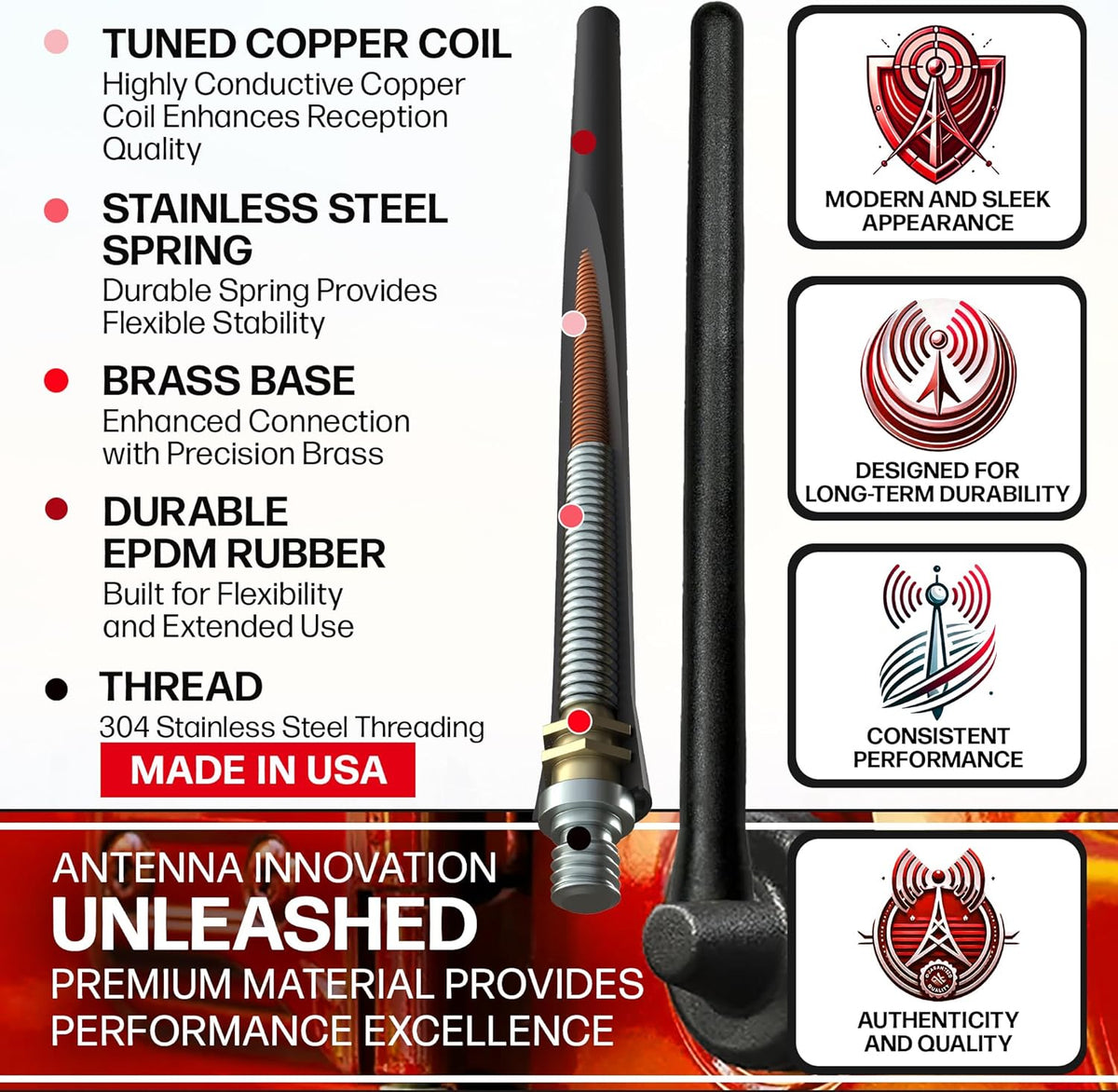 AntennaMastsRus Short Rubber Antenna for Jeep Wrangler JK/JL Gladiator (2007-2024), USA Stainless Steel Threading, The Original 6 3/4" Truck Accessory, Car Wash Proof, Internal Copper Coil