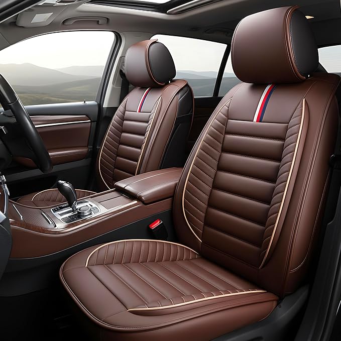 OASIS AUTO Car Seat Covers Full Set Premium Waterproof Faux Leather Cushion Universal Accessories Fit SUV Truck Sedan Automotive Vehicle Auto Interior Protector (OS-001 Brown)