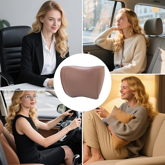 Car Headrest Pillow Memory Foam Breathable Removable Leather Cover Premium Seat Support Head Neck Cushion for Driving Traveling Home Office, Brown, 2 Pack