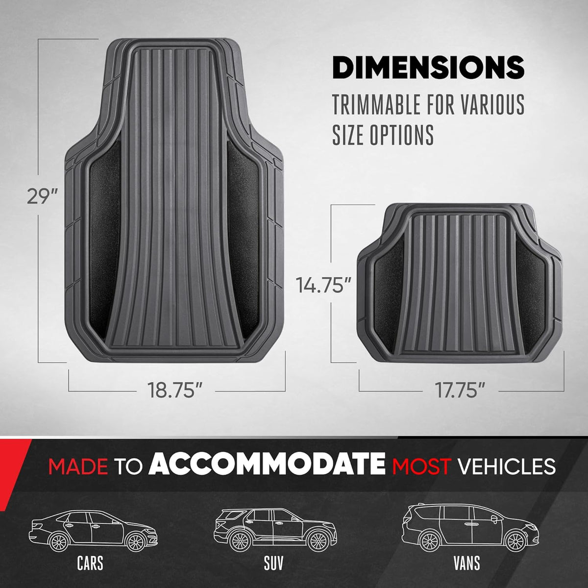 Motor Trend ChromeTech Car Floor Mats Full Set - Durable Rubber Floor Mats for Cars with Two Tone Accent, All Weather Interior Protection for Front and Rear with Non-Slip Backing, Gray/Black