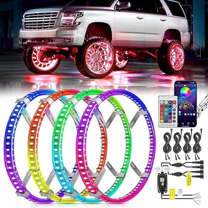 Nilight 4PCS 17.5inch Double Row LED Wheel Ring Lights RGB with APP and Remote Control Neon Light w/Turn Signal and Braking Function Dual Row for Car Van SUV Truck
