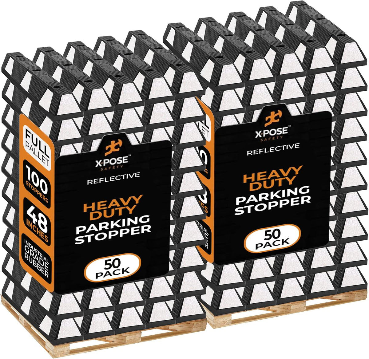 Xpose Safety 72" Heavy Duty Rubber Parking Stopper – Bulk 2 Full Pallets 100 Pack Wheel Blocks for Garage, Driveway, or Ramp – Car Bumper Stop with White Reflective Strips – Removable Floor Mount