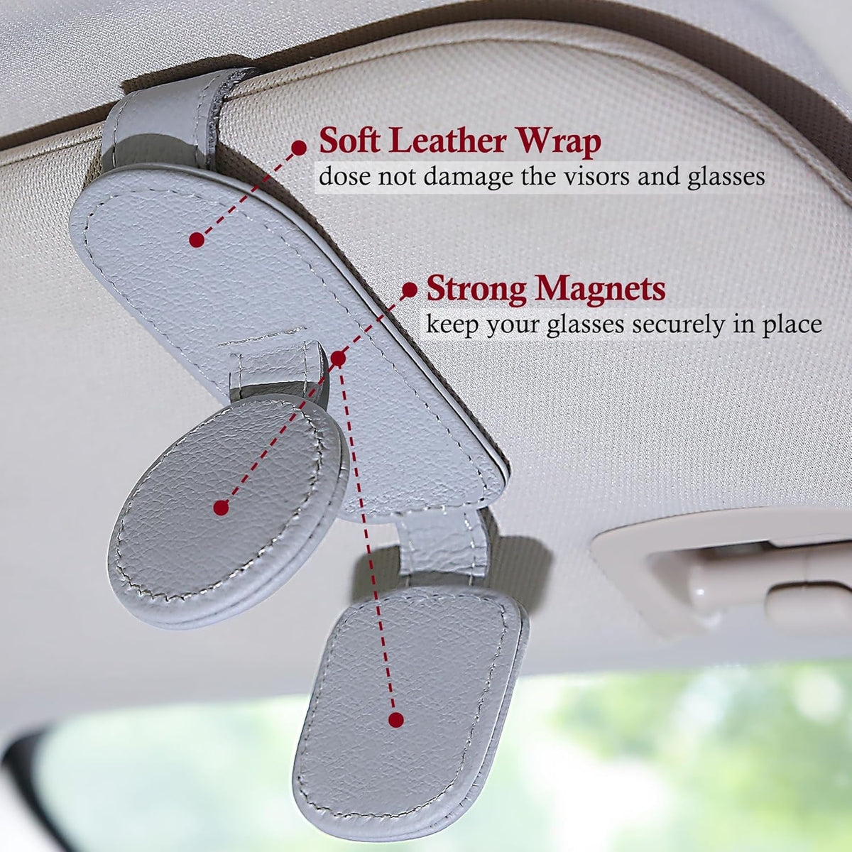 KIWEN 2 Pack Sunglasses Holder for Car Visor, Magnetic Leather Sunglass Eyeglass Hanger Clip for Car Sun Visor Accessories (2, Gray)