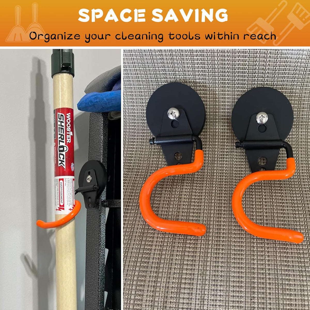 ULIBERMAGNET Magnetic Mop Broom Holder,Heavy Duty Movable Magnetic Tools Holder,Anti-Slip Strong Metal Hooks Mop Shovel Hanger for Garage, Kitchen, Laundry, Garden(2 Pack/Orange)