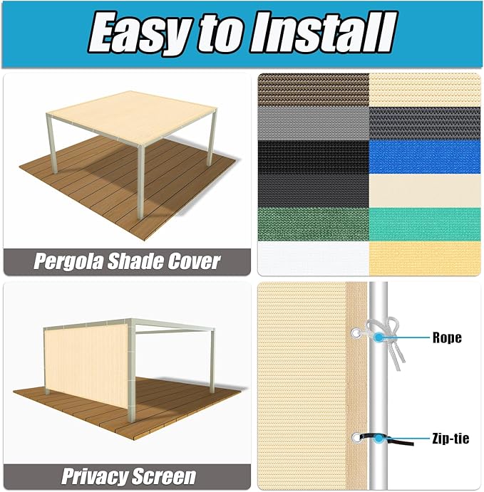 Amagenix 90% Pergola Shade Cover 9' X 11' Sun Shade Cloth with Grommets for Outdoor Garden Patio Porch, Commercial Grade 200 GSM - Cable Zip Ties Included (We Customized) GN108, Wheat