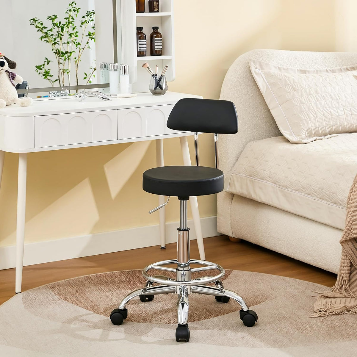 Rolling Stool with Back,Adjustable Height Foot Rest Rolling Salon Chair 19.5’’-26.6’’,Black Ergonomic Stool (Black)