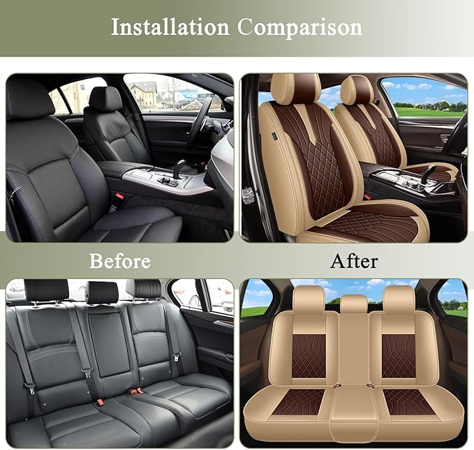 Breathable Car Seat Covers for Nissan Rogue Sport 2022 2021 2020 2019 2018 2017, Perforated Leather Full Set 5 Seats, for Nissan Rogue Sport Accessories (Beige&Brown)