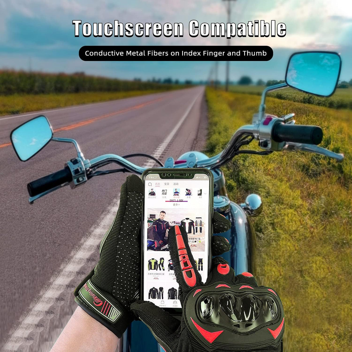 Motorcycle Gloves for Men and Women Full Finger Touchscreen Mountain Dirt Bike Gloves for Powersports BMX ATV MTB Driving Motocross Cycling Gloves(M, Red)