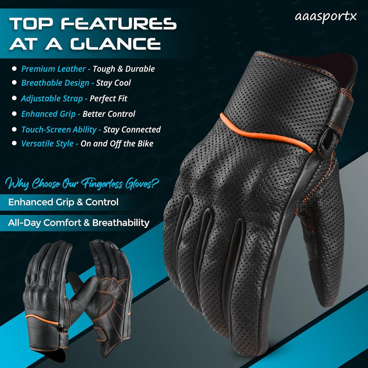 aasportx Motorcycle Gloves - Men's Leather Motorbike Gloves with Touchscreen Function - Non-Slip Pads for Men & Women