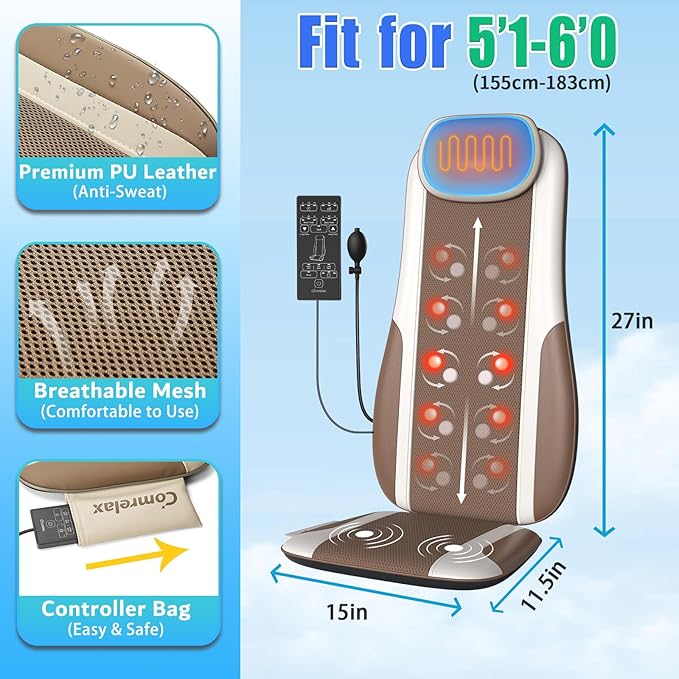 Shiatsu Back Massager with Heat, Massage Chair Pad Seat Cushion for Stress Relief, Deep Tissue Kneading & Roller, 2 Vibration Motors, Back Waist Hip Massager, PU Leather, with 2 Adapters