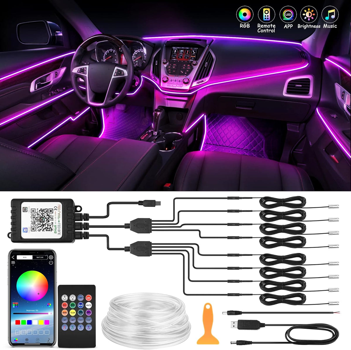 MICTUNING Car LED Interior Strip Light, 8 in 1 RGB Multicolor with 400 inches Fiber Optic Ambient Lighting Kits with Remote and APP Control, Car USB LED Strip Lights with Music Sync Mode