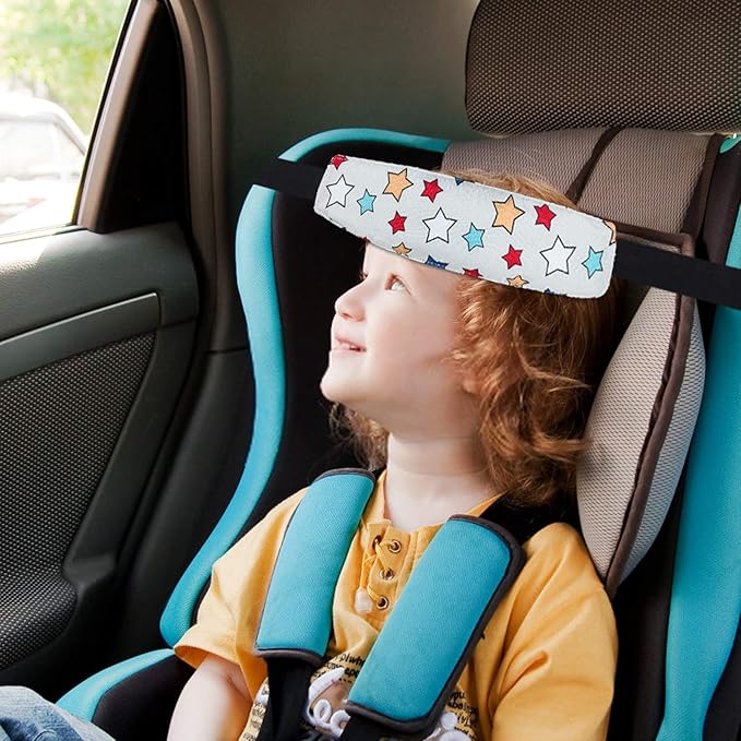 Baby Carseat Head Support,Car seat Straps Pillow Support Ban,Stroller Neck Relief Strap Headrest,Slumber Sling Sleep Positioner for Toddler Infants Child Children Kids(White Stars + Birds)