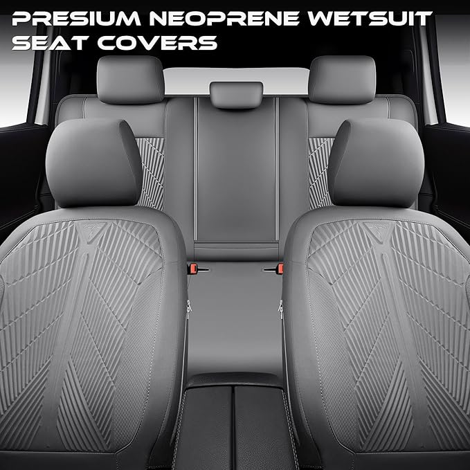 CAR PASS Waterproof Car seat Covers Full Sets Neoprene Wetsuit, All-Weather Non-Slip Durable, Universal Fit for SUV Sedans Trucks Vans Automotive, Armrest Airbag Compatible, 3D Emboss All Gray