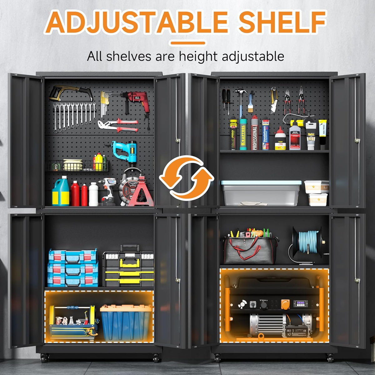 71" H Metal Tool Storage Cabinet with Lock and Wheels, Heavy Duty Garage Cabinet with 4 Doors and 2 Adjustable Shelves, Tool Organizer with Pegboard for Garage, Warehouse(Black, 71" H)