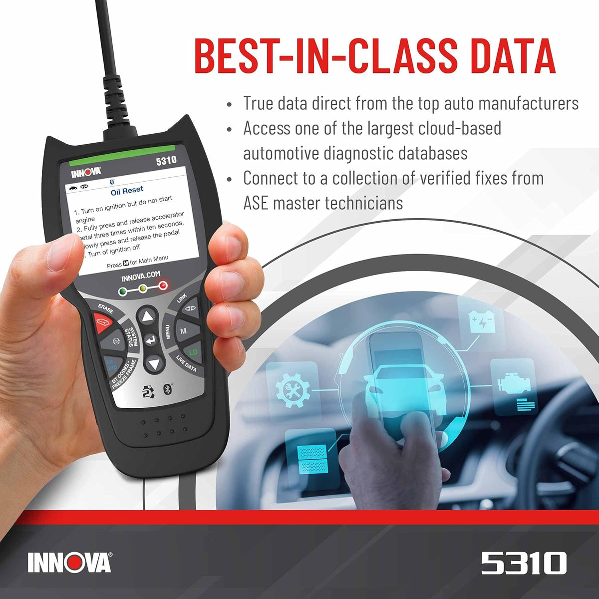 Innova 5310 OBD2 Scanner for ABS & Airbag (SRS) with Battery/Alt Test, Oil Light Reset, Live Data for 1996-2023 Vehicles, Accurate, Reliable, Easy to Use, iPhone & Android App Included
