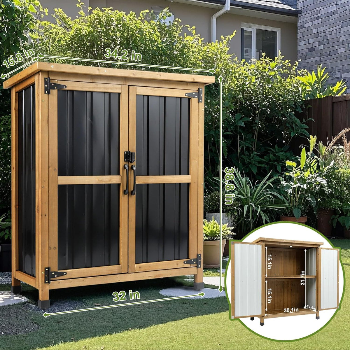 Outdoor Storage Cabinet, Small Wood & Metal Storage Shed with Lockable Doors & Adjustable Shelves, Vertical Outdoor Cabinets Weatherproof for Patio Backyard,Garden Tool Shed and Accessories, Brown