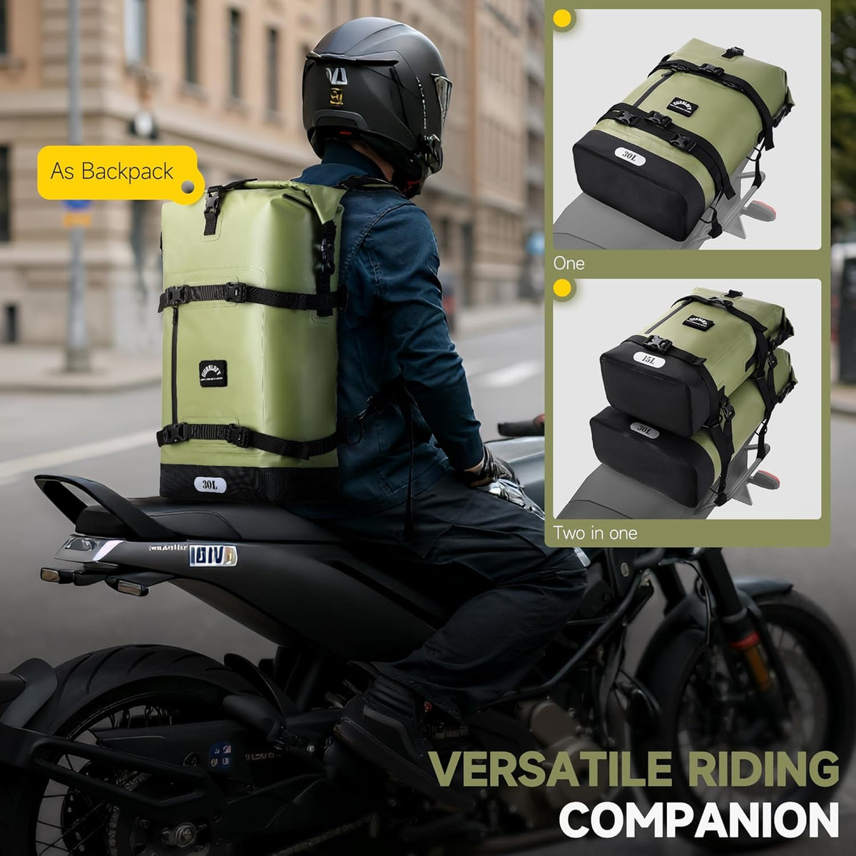 Motorcycle Saddle Bag, 30L Waterproof Motorcycle Tail Bag, 2 Size and 3 Color Options Travel Bag, PVC Bag, Rear Seat Bag, Field Green GT-30GN