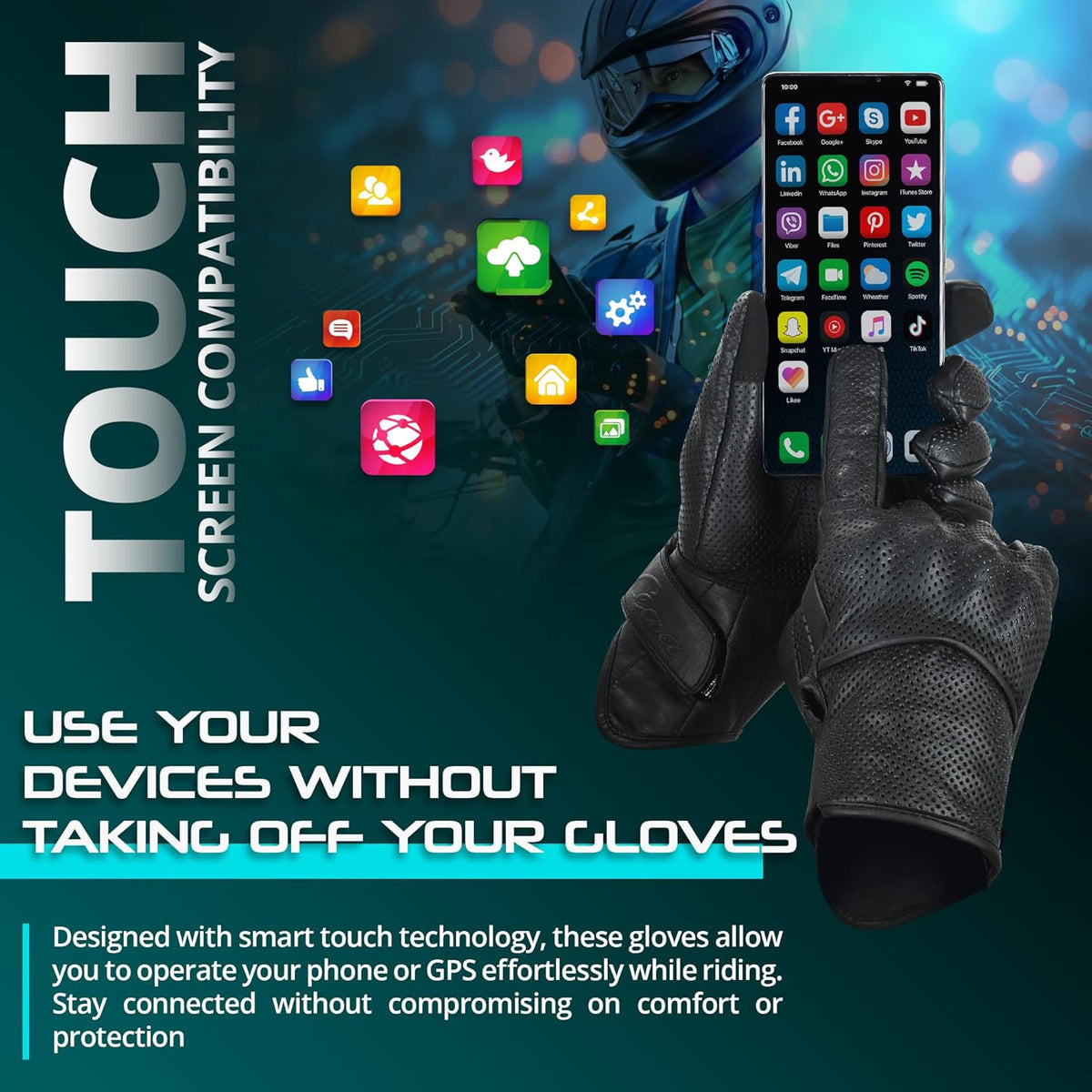aasportx Motorcycle Gloves - Men's Leather Motorbike Gloves with Touchscreen Function - Non-Slip Pads for Men & Women