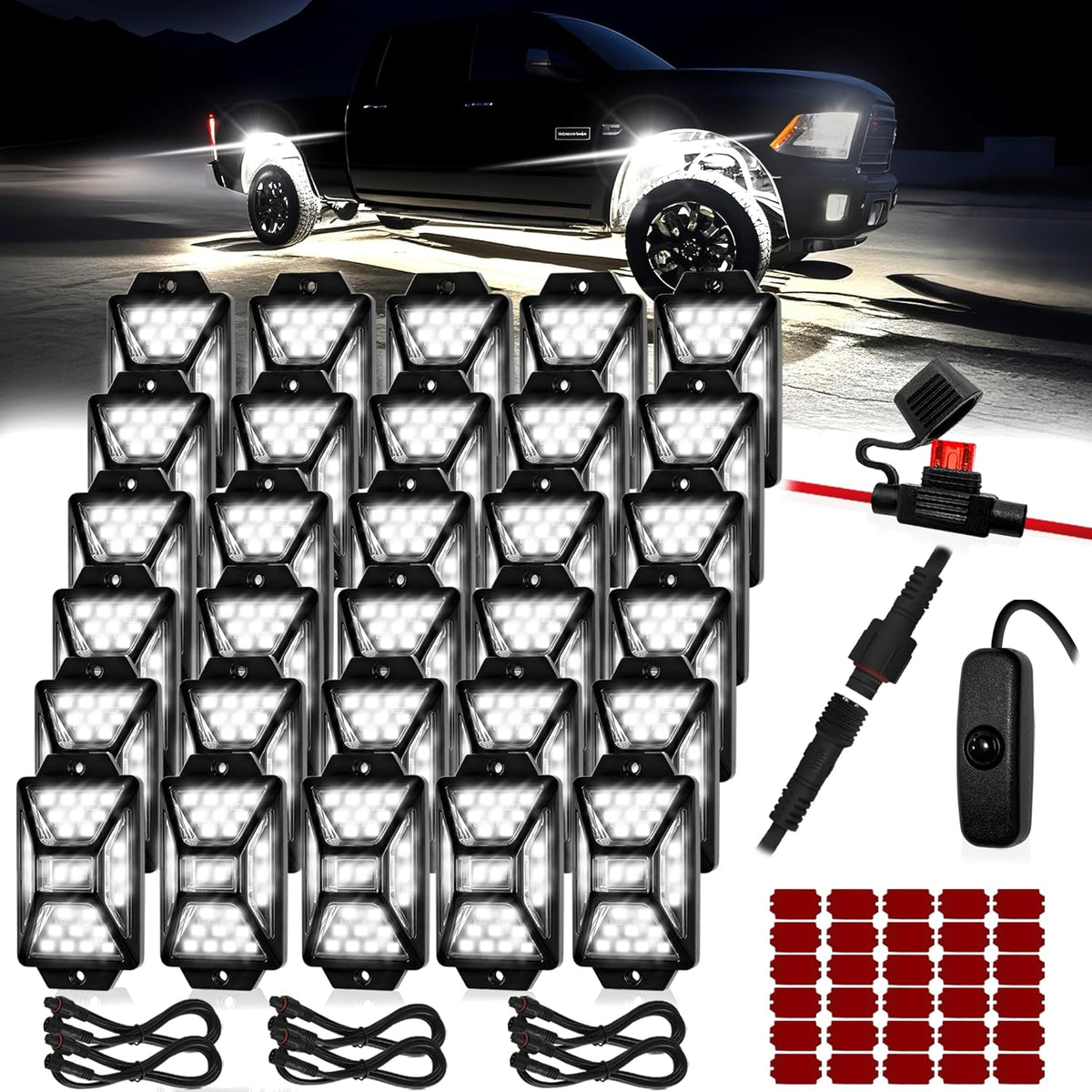 30 Pods Pure White LED Rock Lights Kit with Switch Wiring Harness,6500K 810 LEDs Bright Rock Lights for Trucks,Waterproof Underglow Light for Car Jeep Off Road ATV UTV SUV