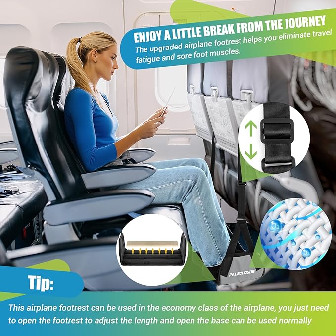Foot Hammock for Plane Travel, No Collapse Thickened Bamboo Airplane Foot Rest for Long Flight, Desk Foot Hammock with Extended Adjustment Strap to Relax Your Feet, Foot Sling Travel Essentials