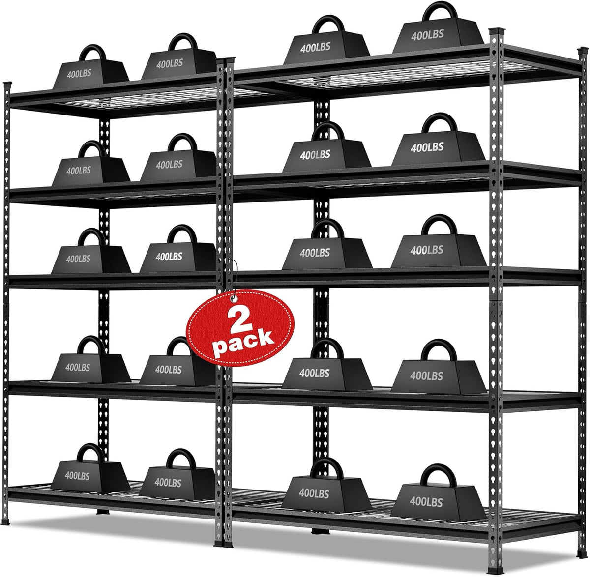 WORKPRO 5-Tier Metal Storage Shelving Unit, 48”W x 24”D x 72”H, Adjustable Storage Rack Heavy Duty Shelf, 4000 lbs Load Capacity (Total), for Garage, Kitchen, Bathroom, Warehouse, Black/Sliver, 2 Pack