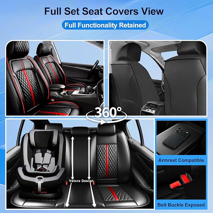 Fit Colorado Car Seat Covers for Select Chevy/Chevrolet Colorado 2015-2026 - Premium Full Coverage Leather, Waterproof & All Weather Seat Cushion Protector, Full Set, Black with Red Trim