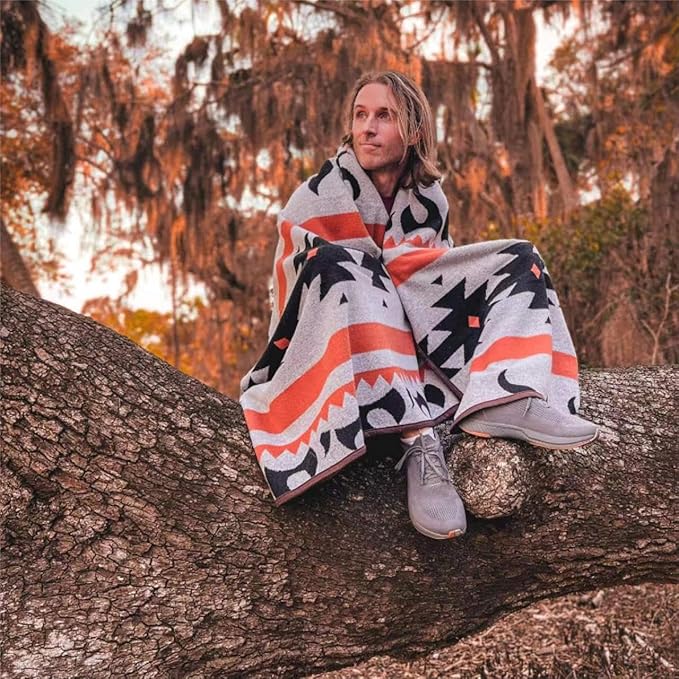 PuTian Merino Wool Blanket - Warm, Thick, Washable, 87" x 63" Large Throw for Outdoors, Camping,Couch, Bed, Travel - Super Soft Wool Blanket (Striped Fire Grey)