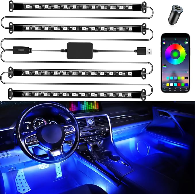 LivTee Smart Car Interior Lights, RGB LED Accent Lights with App Control, Music Mode, DIY Mode, 2-Line Design, Charger Included, Car Accessories for Women