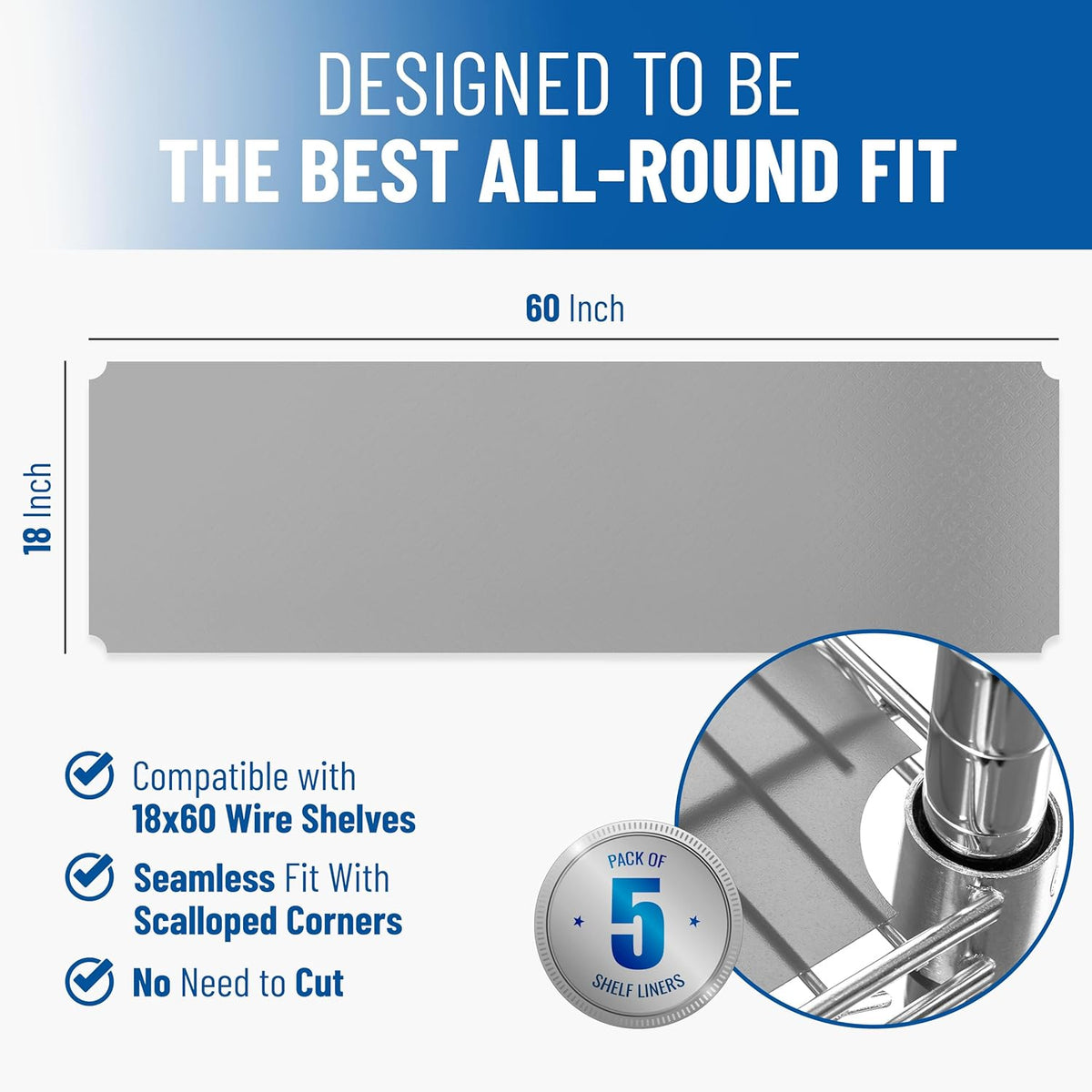 Shelf Liners for Wire Shelf System: Set of 5 in Graphite: 18 x 60 inch: Plastic Wire Shelving Shelf Mats
