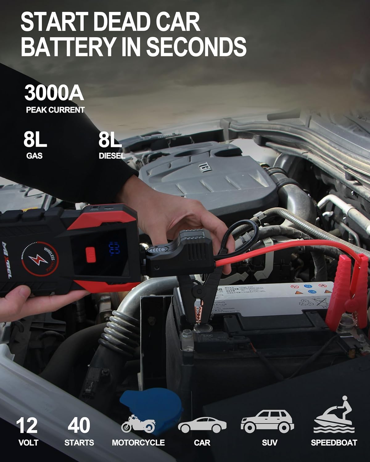 Jump Starter 3000A Peak 12V Portable Car Battery Jump Starter 24000mAh Jump Box for up to 8L Gas or 8L Diesel Engine Jump Starter Battery Pack with LED Light, USB QC 3.0 and Wireless Charging