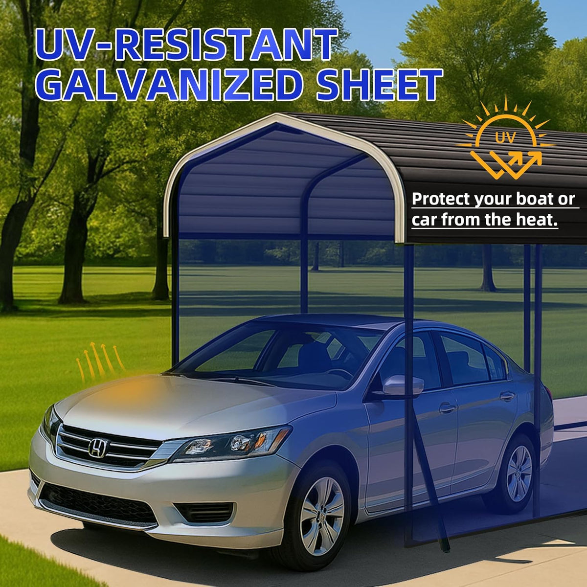 12x24 Metal Carport with Base Fixings Heavy Duty Garage Outdoor Chrome Plated Frame and Sheet Metal Construction Suitable for Boats, Cars, Tractors and Agricultural Equipment, Dark Gray