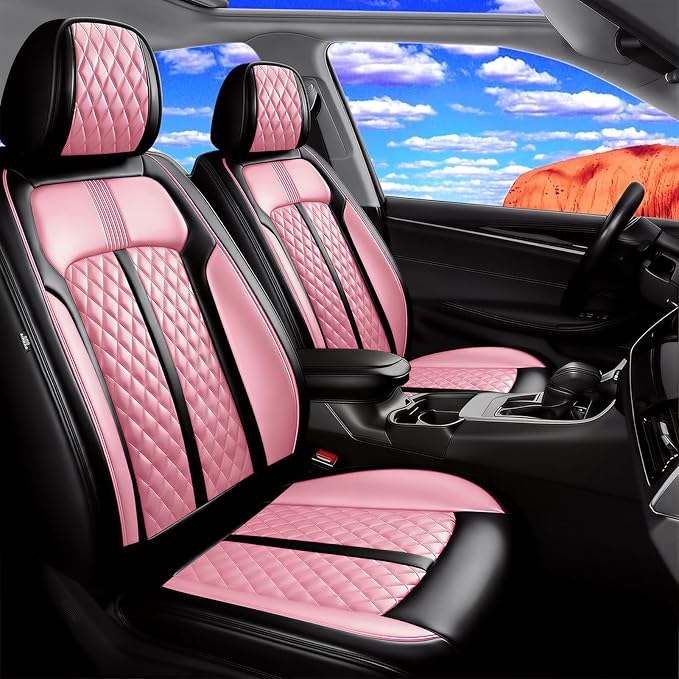 Fit Insight Car Seat Covers for Honda Insight 2010-2022 Premium Leather, Airbag Compatible, Scratch-Resistant, Waterproof All Weather Seat Protector, Airbag Compatible, Full Set, Black+Pink