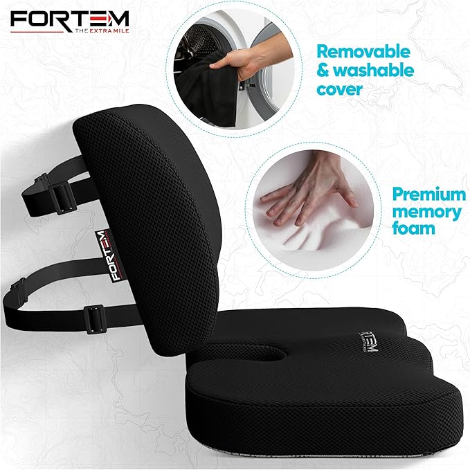 FORTEM Seat Cushion, Office Chair Cushion, Lumbar Support Pillow for Office Chair, Memory Foam Sciatica Coccyx Tailbone Pressure Pain Relief, Car Sitting Pad, Washable Non Slip, XL