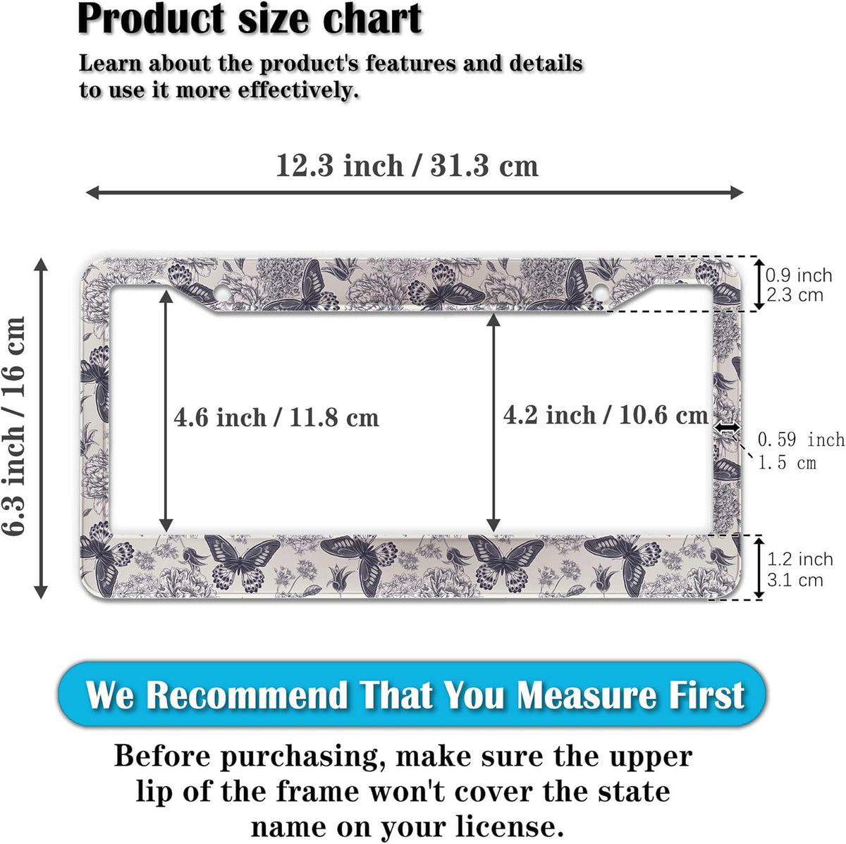 Automotive Exterior Accessories Black and White License Plate Frames Butterfly Flowers Universal Aluminum Car Accessory 2 Pack with Screw Covers Set