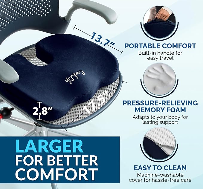 ComfiLife Gel Enhanced Seat Cushion – Office Chair Cushion – Non-Slip Gel & Memory Foam Coccyx Cushion for Tailbone Pain - Desk Chair Car Seat Cushion Driving - Sciatica & Back Pain Relief (Navy)