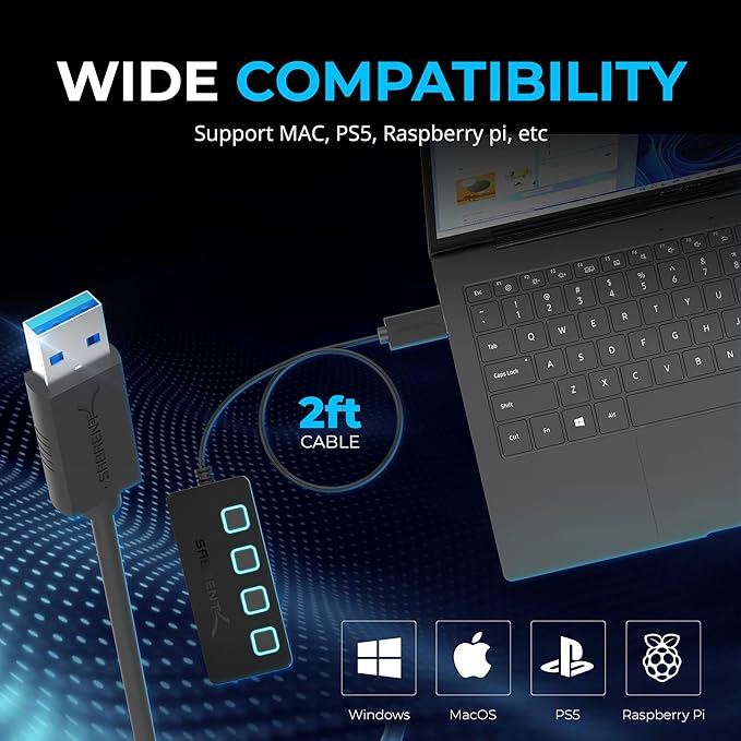SABRENT 4 Port USB 3.0 Hub with Individual LED Lit Power Switches, Includes 5V/2.5A Power Adapter (HB-UMP3)