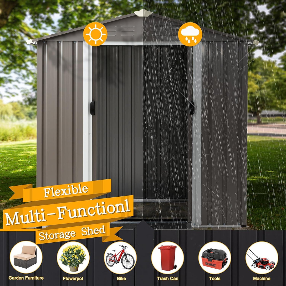 Shintenchi 6x4 FT Outdoor Storage Shed with Window, Lockable Outdoor Waterproof Tool Storage Sheds, Weather Resistant Tool Storage House Shed for Garden, Backyard, Patio Utility and Tool Storage, Gray