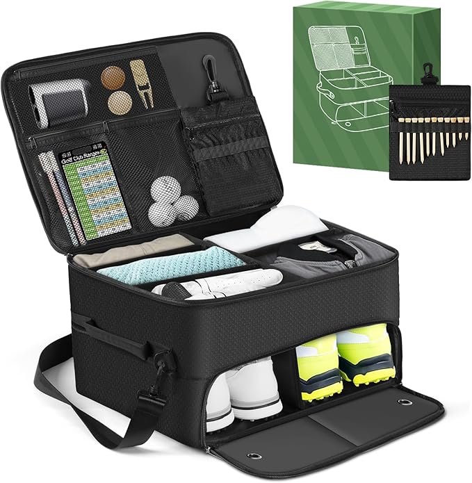 Golf Trunk Organizer for Car SUV with Shoe Compartment & Divider | 2-Layer Golf Storage Bag for Balls, Tees, Accessories | Waterproof Golf Locker Gift for Men, Dad, Golfers