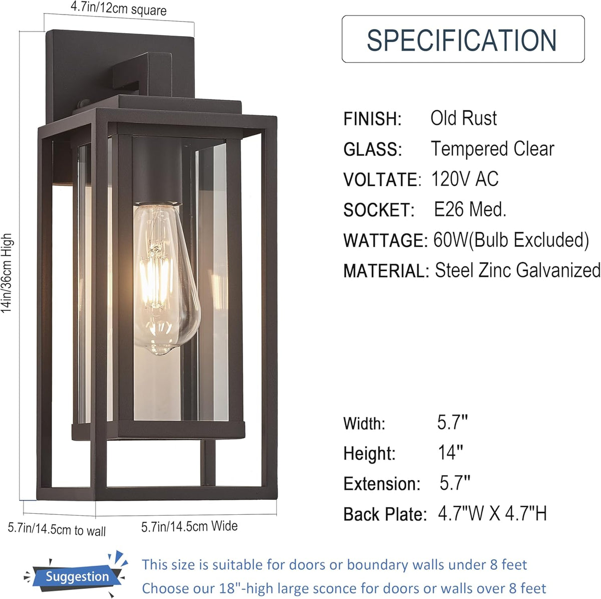 14" Outdoor Wall Light Fixtures Waterproofed Exterior Lantern W/Sturdy Rectangular Double Cage In Old Rust&Clear Tempered Glass,Sconce Mounted For House Patio,Front door,Porch,Yard, Lighting 2Pack
