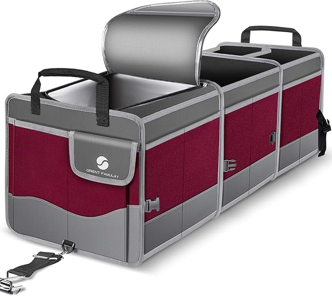 Trunk Organizer with Cooler, Collapsible Trunk Storage Container with Non Slip Bottom Strips, Large Multi-Compartment Waterproof Car Trunk Organizer Groceries for Vehicle Sedan, SUV, Van(Wine Red)