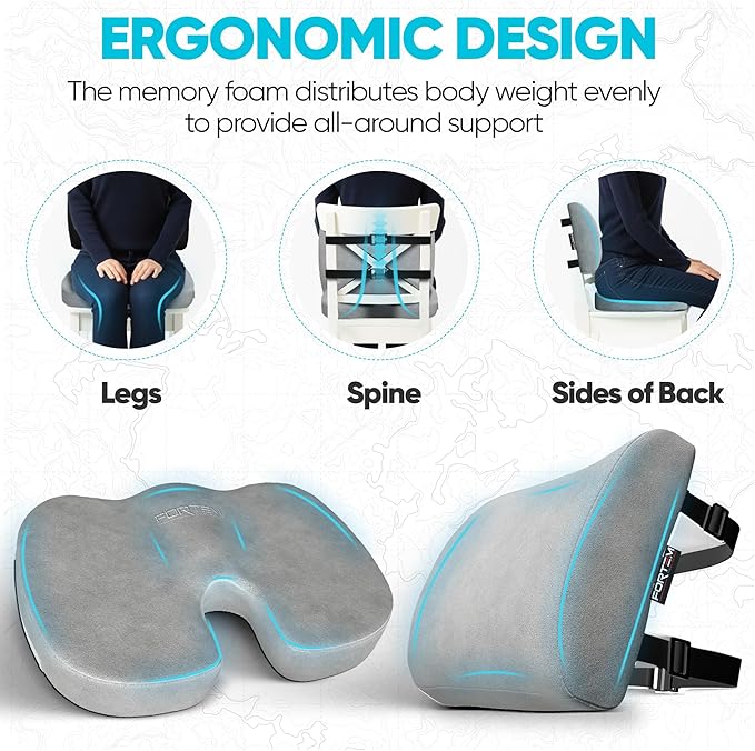 FORTEM Seat Cushion, Office Chair Cushion, Lumbar Support Pillow for Office Chair, Memory Foam Sciatica Coccyx Tailbone Pressure Pain Relief, Car Sitting Pad, Washable Non Slip
