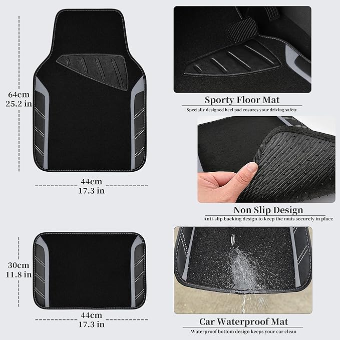 CAR PASS Leather Steering Wheel Cover and Waterproof Car Floor Mats,Microfiber Universal Car Combo Fit for 95% Sedan,SUV,Cars,14.5-15inch Sporty Anti-Slip Safety Comfortable Design(Black＆Gray)