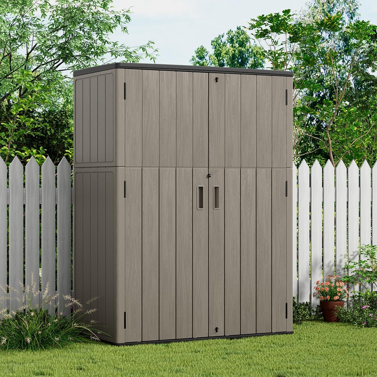 KINYING Outdoor Storage Cabinet Waterproof, 57 Cu.ft Resin Vertical Outdoor Storage Shed for Patio Furniture, Garden Tools, Pool Accessories, Mower Storage (Brown)